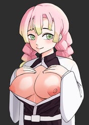 bangs big_breasts blush braided_hair breasts breasts_out cleavage clothing demon_slayer female female_only green_eyes haori kanroji_mitsuri kimetsu_no_yaiba looking_at_viewer mole_under_eye no_bra open_shirt pack_of_inu pink_hair smile solo two_tone_hair unbuttoned_shirt upper_body