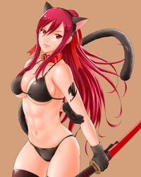 1girls animal_collar animal_ears arm_behind_back arm_tattoo bangs bikini black_bikini black_gloves black_legwear breasts brown_background cat_ears cat_tail closed_mouth collar collarbone cowboy_shot erza_scarlet fairy_tail female female_only gloves hair_between_eyes hair_ribbon highres holding holding_sword holding_weapon katana large_breasts lips long_hair looking_at_viewer navel ponytail red_collar red_eyes red_hair red_ribbon ribbon scabbard sheathed simple_background skindentation solo stomach swimsuit sword tail tattoo thighhighs weapon