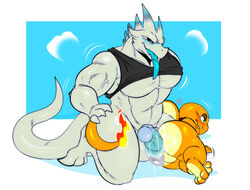 after_sex anthro ass balls black_clothing black_shirt black_tank_top black_topwear blue_penis blue_tongue blush bodily_fluids bottomless charmander clothed clothing cum dragon duo fan_character fire flaming_tail genital_fluids genitals hadou hi_res knot male male/male muscular muscular_anthro muscular_male nintendo orange_body pecs penis pokémon_(species) pokemon satsui-n0-had0u shirt size_difference tank_top tongue tongue_out topwear video_games white_body