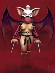 2d anthro bare_breasts bat_wings big_breasts big_ears boots bottomless breasts chiropteran clothed clothing cosplay costume crossover fancy_dress female footwear genitals hair hi_res lettherebecolor looking_at_viewer mammal membrane_(anatomy) membranous_wings mileena mobian mobian_(species) mobian_bat modeling mortal_kombat mortal_kombat:_deception nipples pinup ponytail pose pussy rouge_the_bat sais sega solo sonic_(series) sonic_adventure_2 sonic_the_hedgehog_(series) tarkatan topless video_games weapon wings