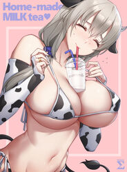 1girls animal_ears animal_print bangs bare_shoulders bikini blush breasts bridal_gauntlets bubble_tea_challenge closed_eyes collarbone commentary cow_bikini cow_girl cow_print cup disposable_cup drinking drinking_straw english_commentary english_text eyebrows_visible_through_hair female female_focus female_only grey_hair groin hair_between_eyes highres huge_breasts jewelry long_hair mature_female navel object_on_breast ring sigma_2018 smile solo solo_female solo_focus stomach swimsuit uzaki-chan_wa_asobitai! uzaki_tsuki wedding_ring