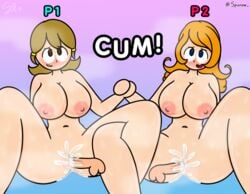 2boys 2girls 5-volt ass balls blue_eyes blush breasts brown_eyes brown_hair cum cum_in_pussy cum_inside excited facial_expression feet_out_of_frame female female_focus holding_hands huge_breasts long_hair mario_(series) milf mona_(warioware) nintendo nipples open_mouth orange_hair orgasm parted_lips penis pussy sex shiny_skin short_hair smile spread_legs spunow_ steam steamy tagme text twitter_username uncensored vaginal_penetration wario_(series) warioware watermark wet wet_skin