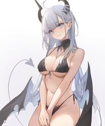 big_breasts blue_eyes bra breasts choker demon demon_girl demon_horns demon_tail lace lingerie midriff navel nekojira nipple_bulge original original_character panties pointy_ears succubus white_hair