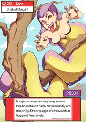 1girls cameltoe ekans english_text falkeart falkedex female female_only hi_res humanized humanized_pokemon lamia looking_at_viewer nintendo on_tree open_mouth panties pokémon_(species) pokemon pokemorph profile purple_fingernails purple_hair slit_pupils small_breasts snake_girl solo solo_female text_box tongue_out tree yellow_eyes