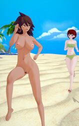 2girls 3d barefoot beach bikini breasts clothed_female_nude_female danganronpa danganronpa_2 danganronpa_2:_goodbye_despair dark-skinned_female female_only green_bikini koikatsu koizumi_mahiru long_hair messy_hair navel nipples nude nude_female owari_akane pussy running short_hair straight_hair strapless_bikini streaking ultimateenf