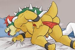 3:2 anthro ass backsack balls bara bed bodily_fluids bowser clothing foreskin furniture genital_fluids genitals hi_res koopa looking_at_viewer looking_back male male_only mario_(series) moosetubator nintendo nipple_piercing nipples penis piercing precum scalie solo undressing video_games