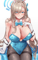 1girls animal_ears asuna_(blue_archive) asuna_(bunny)_(blue_archive) bangs bare_shoulders blue_archive blue_eyes blue_leotard blue_neckwear blush bow bowtie breasts cleavage collarbone detached_collar eyebrows_visible_through_hair eyes_visible_through_hair female female_focus female_only gloves hair_ornament halo highres himuro_shunsuke large_breasts leotard light_brown_hair long_hair looking_at_viewer millennium_science_school_student mole mole_on_breast pantyhose parted_lips playboy_bunny rabbit_ears sitting smile solo solo_female solo_focus thighs white_gloves