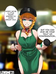 1girls apron apron_only barista baseball_cap blonde_hair blue_eyes casual clothing dialogue fast_food female headwear humanoid hylian hyrule_warriors iced_latte_with_breast_milk lewdme linkle meme neckwear outerwear pale_skin pointy_ears solo suggestive suggestive_look tagme text the_legend_of_zelda twintails uniform