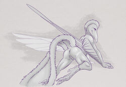 absurd_res anthro archaeopteryx beak black_and_white blue_body blue_feathers dinosaucers dinosaur feathers female genitals hi_res looking_at_viewer looking_back monochrome pink_body pink_skin pussy reptile scalie tassy teryx_(dinosaucers) theropod white_body white_feathers winged_arms wings