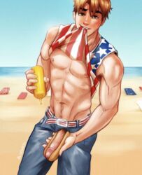 1boy beach blonde_hair hot_dog_bun male_only muscular muscular_male pubic_hair