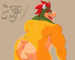 5:4 anthro anus ass balls bara bowser charlieleobo dialogue digital_media_(artwork) genitals hair hi_res horn humanoid_genitalia humanoid_penis koopa looking_at_viewer male male_only mario_(series) musclegut muscular muscular_anthro muscular_male nintendo nude open_mouth penis reptile scalie simple_background smile solo spikes text tongue video_games