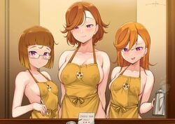 3girls alternate_version_available apron big_breasts blush breasts female female_only glasses iced_latte_with_breast_milk lactation love_live! love_live!_superstar!! meme mostly_nude mother_and_daughter naked_apron nipple_bulge nipples orange_hair purple_eyes shibuya_aria shibuya_kanon shibuya_kanon's_mother unsfrau