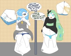 absurd_res accessory bathroom blue_eyes blue_hair blush bodily_fluids breasts clothed clothing dialogue digital_media_(artwork) dress duo english_text fan_character female flower flower_in_hair gardevoir genital_fluids genitals green_hair hair hair_accessory hi_res humanoid legendary_pokemon long_hair mammal meloetta meloetta_(aria_form) microphone nintendo open_mouth panties peeing plant pokémon_(species) pokemon pokemon_(species) public_restroom pussy raveneevee restroom_stall short short_hair simple_background sitting smile speech_bubble text toilet toilet_paper topwear underwear underwear_down urine urine_stream video_games watersports white_body