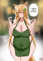 1girls absurdres bayoshii breasts cleavage female female_only fox_girl highres huge_belly huge_breasts iced_latte_with_breast_milk lactation lactation_through_clothes lactation_without_expressing looking_at_viewer meme milk pregnant ready_to_pop solo speech_bubble starbucks text