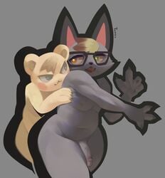 animal_crossing anthro belly blonde_hair blush chubby_male domestic_cat duo eyelashes eyewear felid feline felis fur genitals glasses glistening glistening_eyes grey_body grey_fur hair hi_res hug male male/male mammal marshal_(animal_crossing) nintendo nipples nude open_mouth penis raymond_(animal_crossing) rodent sciurid simple_background slightly_chubby smile tomol6 tree_squirrel video_games wide_hips