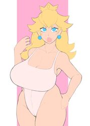 1girls alternate_breast_size big_ass blonde_hair blue_eyes breasts cleavage female female_only hand_on_hip huge_breasts leotard long_hair mario_(series) milf nintendo princess_peach simple_background smoxul solo thighs voluptuous white_leotard wide_hips