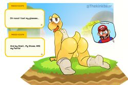 2boys 3:2 all_fours anthro anus balls blush clothing dialogue duo english_text footwear gay genitals hi_res human koopa koopa_troopa male male/male male_only mammal mario mario_(series) new_super_mario_bros._u nintendo open_mouth reptile scalie shirt simple_background socks super_mario_maker super_mario_maker_2 tank_top text thekinkybear topwear turtle video_games