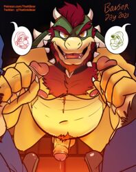 3boys absurd_res anthro balls bara beard body_hair bowser bowser_day chest_hair collar facial_hair foreskin gay genitals group hi_res holding_penis horn human human_on_anthro humanoid_genitalia humanoid_penis kneeling luigi male male/male male_only mammal mario mario_(series) masturbation musclegut nintendo nipples open_mouth penis pubes scalie simple_background spiked_collar spikes thekinkybear uncut video_games