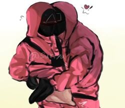 2boys aj666000 bulge bulge_through_clothing cute erection_under_clothes gay jumpsuit male male/male male_only masked masked_male netflix pink_guard romantic square_(squid_game) squid_game triangle_(squid_game) undressing undressing_another undressing_partner yaoi