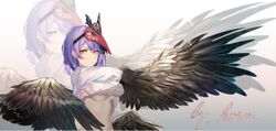 1girls big_breasts breasts genshin_impact horo kujou_sara pulling_up_shirt purple_hair taking_clothes_off wings yellow_eyes