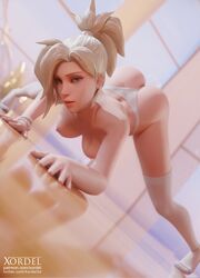 1girls 3d ass big_ass blender blonde_hair blue_eyes bracelet female female_only heart_butt jack-o_pose light-skinned_female looking_at_viewer mercy overwatch solo thong white_panties white_stockings xordel