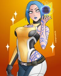 1girls beauty_mark blue_hair blue_lipstick body_markings borderlands borderlands_2 dangerousbride energy_ball female female_only gearbox_software grey_eyes hi_res leotard looking_away maya_(borderlands) medium_hair pants solo solo_female sparkles