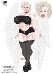 1girls abs alexcherubic angel angel_wings big_lips blonde_hair breasts clothing female female_only green_eyes heels muscle muscles muscular muscular_female original original_character short_hair solo solo_female solo_focus stockings