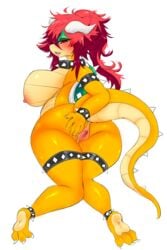 2:3 absurd_res anthro anus ass big_breasts blush bodily_fluids bowser breasts claws collar fangs female female_bowser femsub genital_fluids genitals hair hi_res horn koopa looking_at_viewer mario_(series) nintendo nipples nude pukemilked pussy pussy_juice rule_63 scalie solo spiked_collar spikes submissive submissive_female teeth video_games white_background