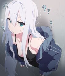 1girls blue_eyes blush breasts clothing confusion makaroni mekyokyopon project_sekai stuck stuck_in_wall tank_top through_wall white_hair yoisaki_kanade