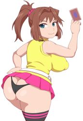 1girls ass ass_cleavage big_ass big_breasts big_butt brown_hair butt_crack eye_contact female huge_breasts kabeume large_ass looking_at_viewer miniskirt nipple_bulge skirt smile solo tea_gardner thighhighs thighs thong yu-gi-oh!