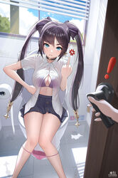 bra breasts changing_clothes choker flipping_off genshin_impact green_eyes humiliation middle_finger mona_(genshin_impact) open_door panties purple_hair thick_thighs thighs toilet twintails yuhang