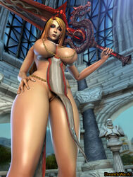 1girls big_breasts blonde_hair blue_eyes breasts busty curvy curvy_female curvy_figure daimonia dreamswarart female female_only hand_on_hip hips human human_(warcraft) human_(world_of_warcraft) loincloth loincloth_aside looking_at_viewer nipple_chain nipple_piercing nipples pussy solo tabard thick thighs vagina warcraft weapon_over_shoulder world_of_warcraft wow