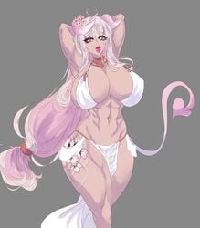 abs bra elyunae harem_outfit huge_breasts loincloth long_hair original_character pelvic_curtain skimpy_clothes tail tattoo white_hair