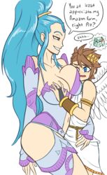 1boy 2girls amazon_pandora angel angel_wings angry angry_face blue_eyes blue_hair blush blush_lines blushing breast_grab breast_squeeze brown_hair clothed_male_clothed_female face_against_breast flirting groping groping_breast jealous kid_icarus kid_icarus_uprising magenta_eyes mindwipe nintendo palutena pit_(kid_icarus) reaction seductive seductive_smile short_male smothering tagme