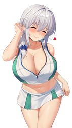 1girls azur_lane bangs bare_arms bare_shoulders belly belly_button big_breasts blush breasts bremerton_(azur_lane)_(cosplay) bremerton_(scorching-hot_training)_(azur_lane) cleavage closed_eyes cosplay crossover_cosplay earrings exposed_belly eyes_closed female female_focus female_only fully_clothed gray_hair hair hair_behind_ear heart k.pumpkin large_breasts milf miniskirt pierced_ears plain_background revealing_clothes simple_background solo solo_female solo_focus spoken_heart sweat sweat_on_breasts sweatdrop sweating tennis_uniform thick_thighs thighs uzaki-chan_wa_asobitai! uzaki_tsuki white_background white_hair