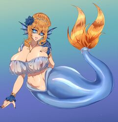 big_breasts blue_eyes elyunae female huge_breasts mermaid nipple_bulge see-through siren