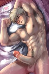 1boy armpit_hair armpits blonde_hair blush bodily_fluids completely_nude cum drool drooling erect_nipples erect_while_sleeping feet_out_of_frame genital_fluids genitals hand_behind_head jackray85674939 katsuki_bakugou lying_down lying_on_back male male_focus male_only my_hero_academia nude nude_male on_back one_arm_up penis pubes pubic_hair sleeping solo solo_focus solo_male spiky_hair wet_dream