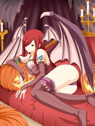 armlet ass bare_shoulders breasts bridal_gauntlets candle cleavage couch curvy demon demon_wings erza_scarlet fairy_tail female hair_over_one_eye halloween halloween_costume head_wings jack-o'-lantern large_breasts laying_on_side long_hair looking_at_viewer lounging lying on_side panties planeptune red_hair red_upholstery seductive skimpy skimpy_clothes smile solo succubus tattoo thighhighs underwear wings