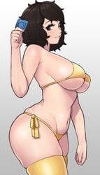 1girls atlus big_breasts bikini brown_eyes condom donburikazoku female female_only golden_bikini large_breasts light-skinned_female light_skin megami_tensei persona persona_5 sadayo_kawakami sideboob solo thick_thighs underboob yellow_bikini