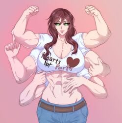 6_arms abs breasts elyunae female green_eyes huge_breasts multi_arm multi_limb muscular_female solo