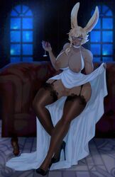 dark-skinned_female dress_lift elyunae final_fantasy final_fantasy_xiv high_heels huge_breasts pussy stockings viera vine