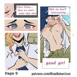 1boy 1girls adventure_time blonde_hair blue_eyes bunny_ears comic english_text faceless_male fionna_the_human_girl flower glory_hole lips lipstick missbehaviour page_10 panties prince_gumball school_uniform schoolgirl short_skirt speech_bubble stuck stuck_in_wall