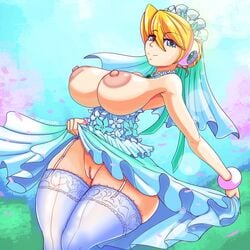 2021 alia alternate_costume android blonde_hair blue_eyes bottomless breasts bridal_alia_(x_dive) bride dress female ichduhernz large_breasts light-skinned_female light_skin mega_man mega_man_x mega_man_x_dive pussy robot_girl thick_thighs thigh_squish