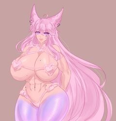 abs breasts_bigger_than_head elyunae huge_breasts large_breasts long_hair original_character piercing pink_hair purple_eyes thick_thighs toned_female