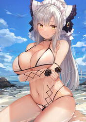 1girls absurdres arm_strap azur_lane bangs beach bikini blush bow breast_hold breasts cheshire_(azur_lane)_(cosplay) choker cleavage cloud commentary_request cosplay drake_(azur_lane) drake_(the_golden_hind's_respite)_(azur_lane) female female_focus female_only frilled_bow frills grey_hair hairbow high_ponytail highres holding_own_arm large_breasts light-skinned_female light_skin long_hair looking_at_viewer multi-strapped_bikini navel see-through_sleeves sky smile solo string_bikini swimsuit u_ronnta white_bikini yellow_eyes