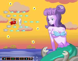 1boy 1girls 2018 :v absurd_res airplane bikini bikini_top blue_bikini blue_eyes blue_eyeshadow breasts bursting_breasts cala_maria cleavage cloud crossover cup cuphead cuphead_(game) dusk eel eyeshadow female fish_girl fish_tail flying giantess goggles grin highres island large_breasts looking_at_another makeup male mermaid mermaid_giantess minus8 navel ocean octopus outdoors parodius parody propeller purple_hair purple_skin scar scar_on_arm scars seashell seashell_bra sitting sky smile style_parody swimsuit teacup teeth tentacle tentacle_hair weapon x_eyes