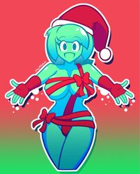 bubbles_(shuji_atatacha) christmas christmas_hat fingerless_gloves long_hair looking_at_viewer original_character red_ribbon ribbon ribboned_body shuji_atatacha slime_girl