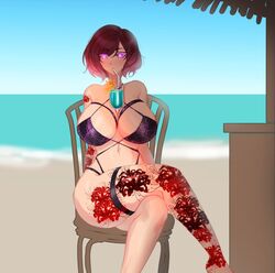 beach bikini drinking elyunae huge_breasts original_character tattoo