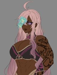 abs dark-skinned_female elyunae hanahaki_disease large_breasts pink_hair tattoos