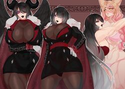 2girls abs bikini dark-skinned_female demon_girl elyunae huge_breasts multiple_girls muscular_female original_character yuri